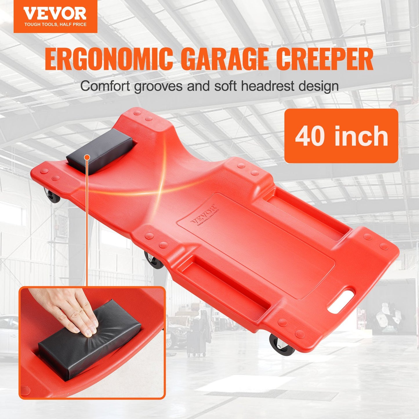 Mechanic Plastic Creeper, 1016 mm, 158.8 kg Capacity Automotive Rolling Garage Creeper with Molded Ergonomic HDPE Body Padded Headrest & Dual Tool Trays 6 Wheels, for Garage Shop Auto Repair