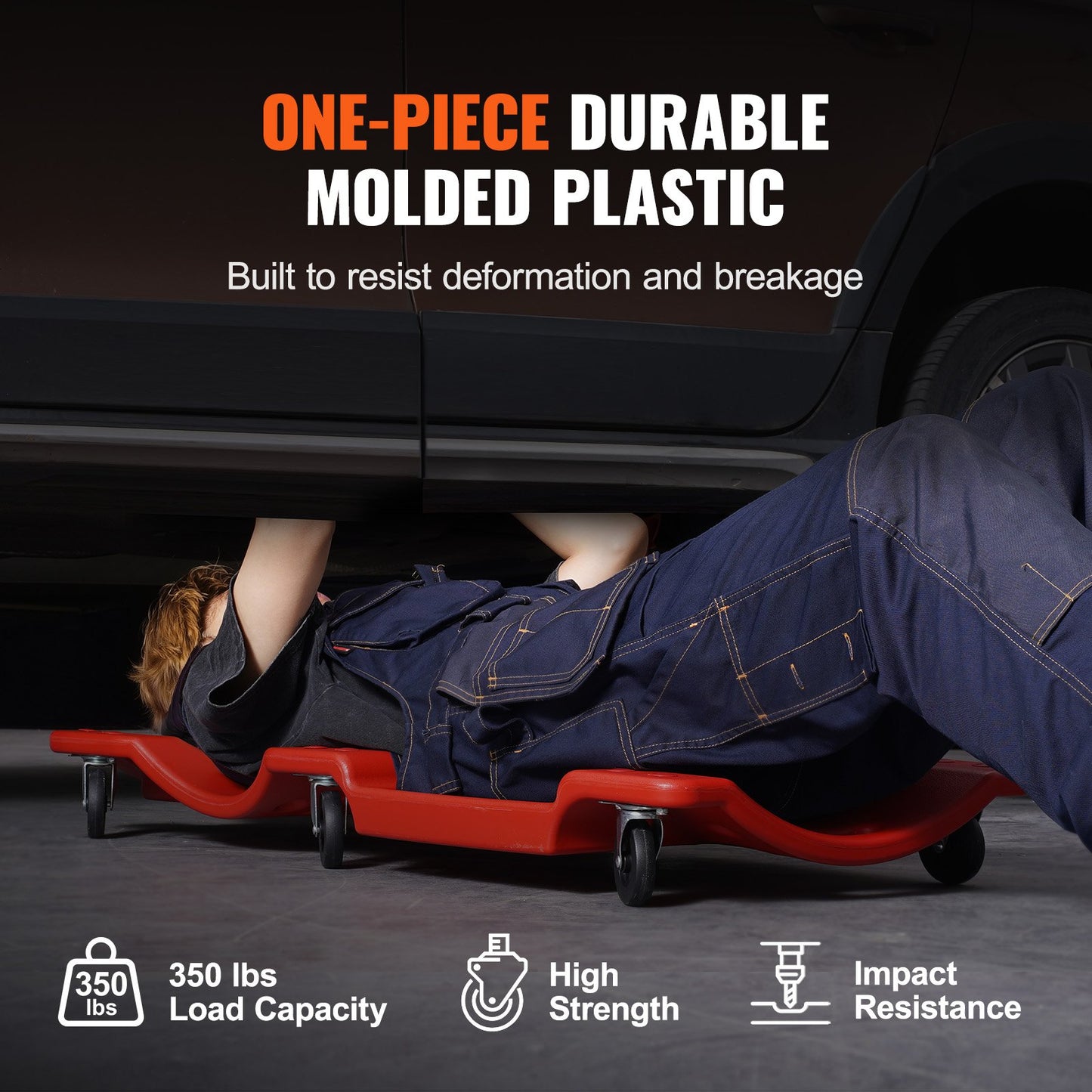 Mechanic Plastic Creeper, 1016 mm, 158.8 kg Capacity Automotive Rolling Garage Creeper with Molded Ergonomic HDPE Body Padded Headrest & Dual Tool Trays 6 Wheels, for Garage Shop Auto Repair