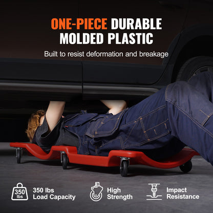 Mechanic Plastic Creeper, 1016 mm, 158.8 kg Capacity Automotive Rolling Garage Creeper with Molded Ergonomic HDPE Body Padded Headrest & Dual Tool Trays 6 Wheels, for Garage Shop Auto Repair