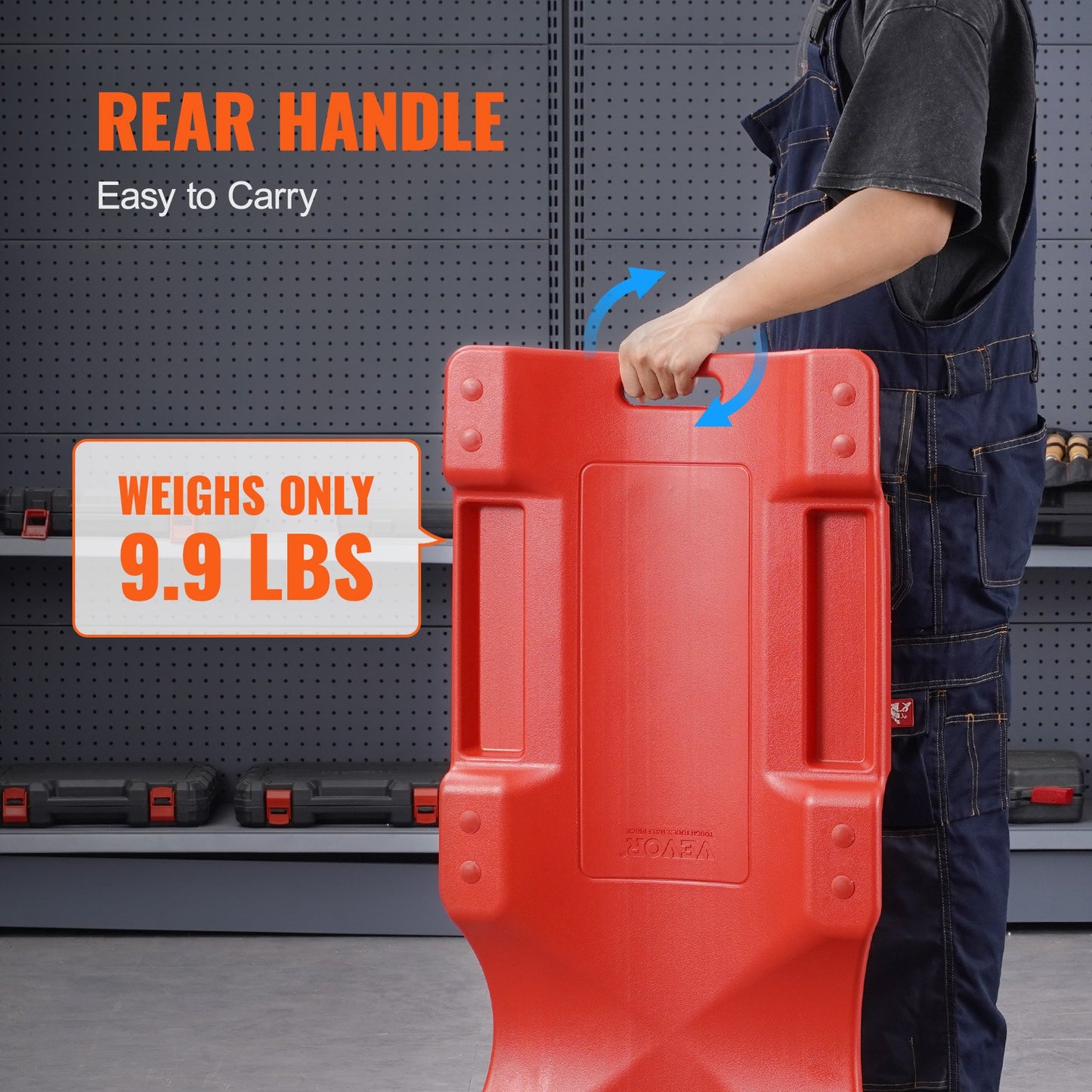 Mechanic Plastic Creeper, 1016 mm, 158.8 kg Capacity Automotive Rolling Garage Creeper with Molded Ergonomic HDPE Body Padded Headrest & Dual Tool Trays 6 Wheels, for Garage Shop Auto Repair