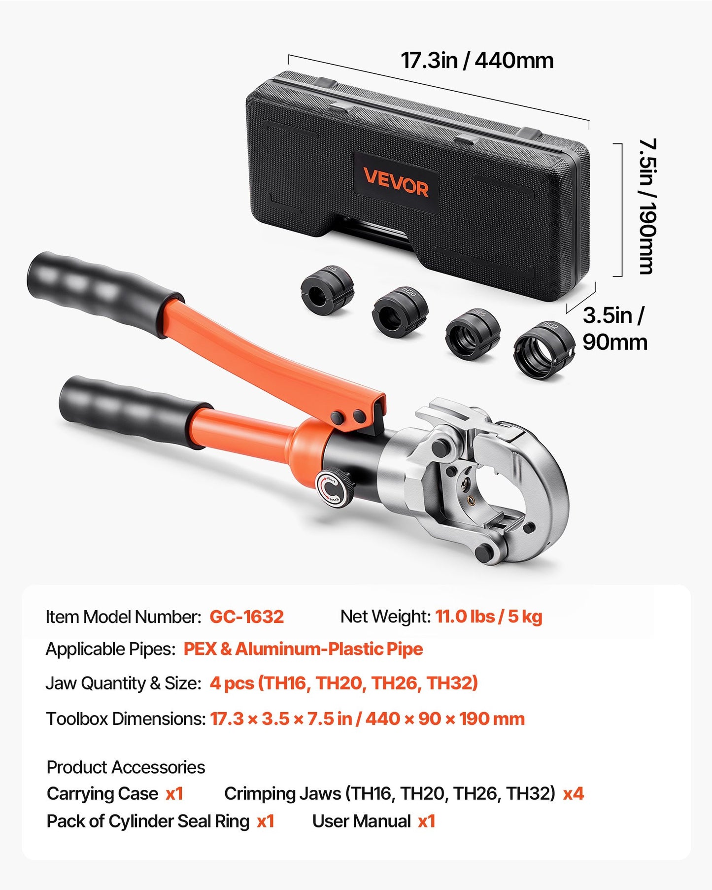Hydraulic Pipe Crimping Tool, PEX & Aluminum-Plastic Tube Fittings Crimper with TH16 TH20 TH26 TH32 Jaws & Carrying Case, Press Crimper Tool Kit for Plumbing Repairs & Installations