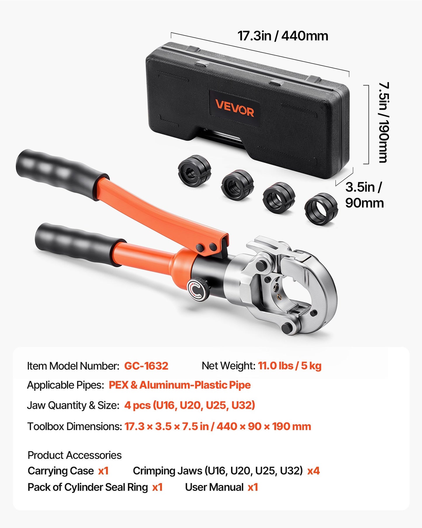 Hydraulisches Rohrverpresswerkzeug, Verpresszange für PEX- und Aluminium-Kunststoff-Rohrverschraubungen mit U16-, U20-, U25- und U32-Backen sowie Tragekoffer, Presswerkzeug-Set für Sanitärreparaturen und -installationen