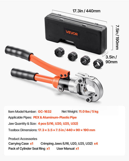 Hydraulisches Rohrverpresswerkzeug, Verpresszange für PEX- und Aluminium-Kunststoff-Rohrverschraubungen mit U16-, U20-, U25- und U32-Backen sowie Tragekoffer, Presswerkzeug-Set für Sanitärreparaturen und -installationen