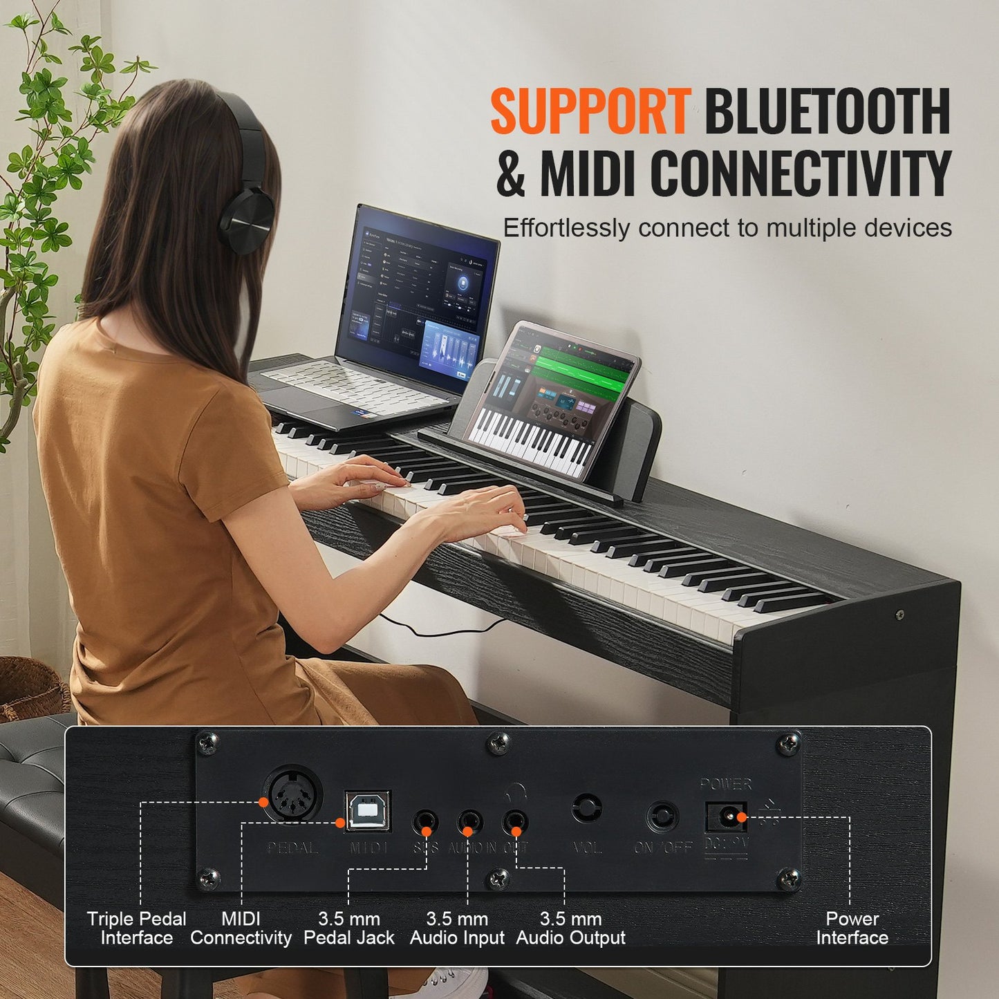 Gewichtetes Digitalpiano, 88 vollgewichtete Tasten, Dual-Keyboard und Lautsprecher, einfacher Schrank mit Doppelbank und Kopfhöreranschluss, 200 Klangfarben und Rhythmen, unterstützt Bluetooth/USB/MIDI, ideal für den Unterricht