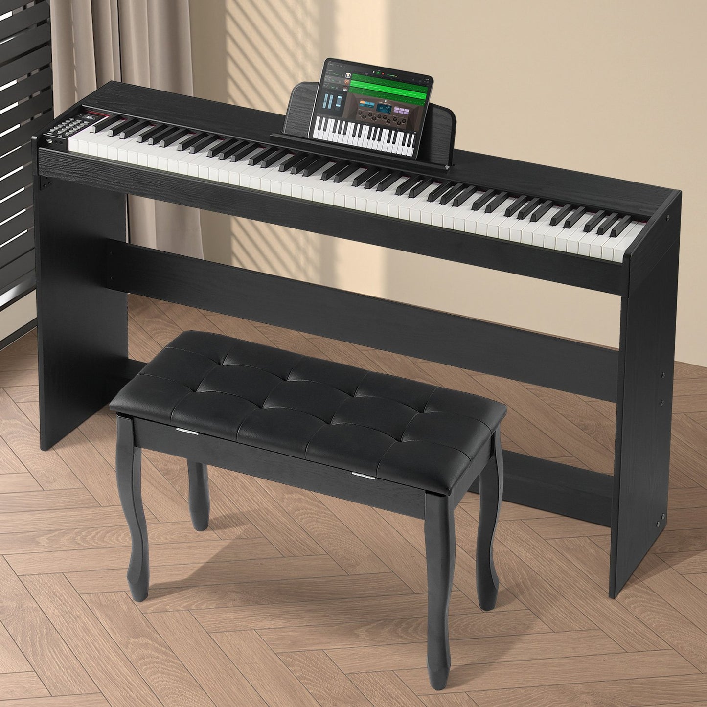 Gewichtetes Digitalpiano, 88 vollgewichtete Tasten, Dual-Keyboard und Lautsprecher, einfacher Schrank mit Doppelbank und Kopfhöreranschluss, 200 Klangfarben und Rhythmen, unterstützt Bluetooth/USB/MIDI, ideal für den Unterricht