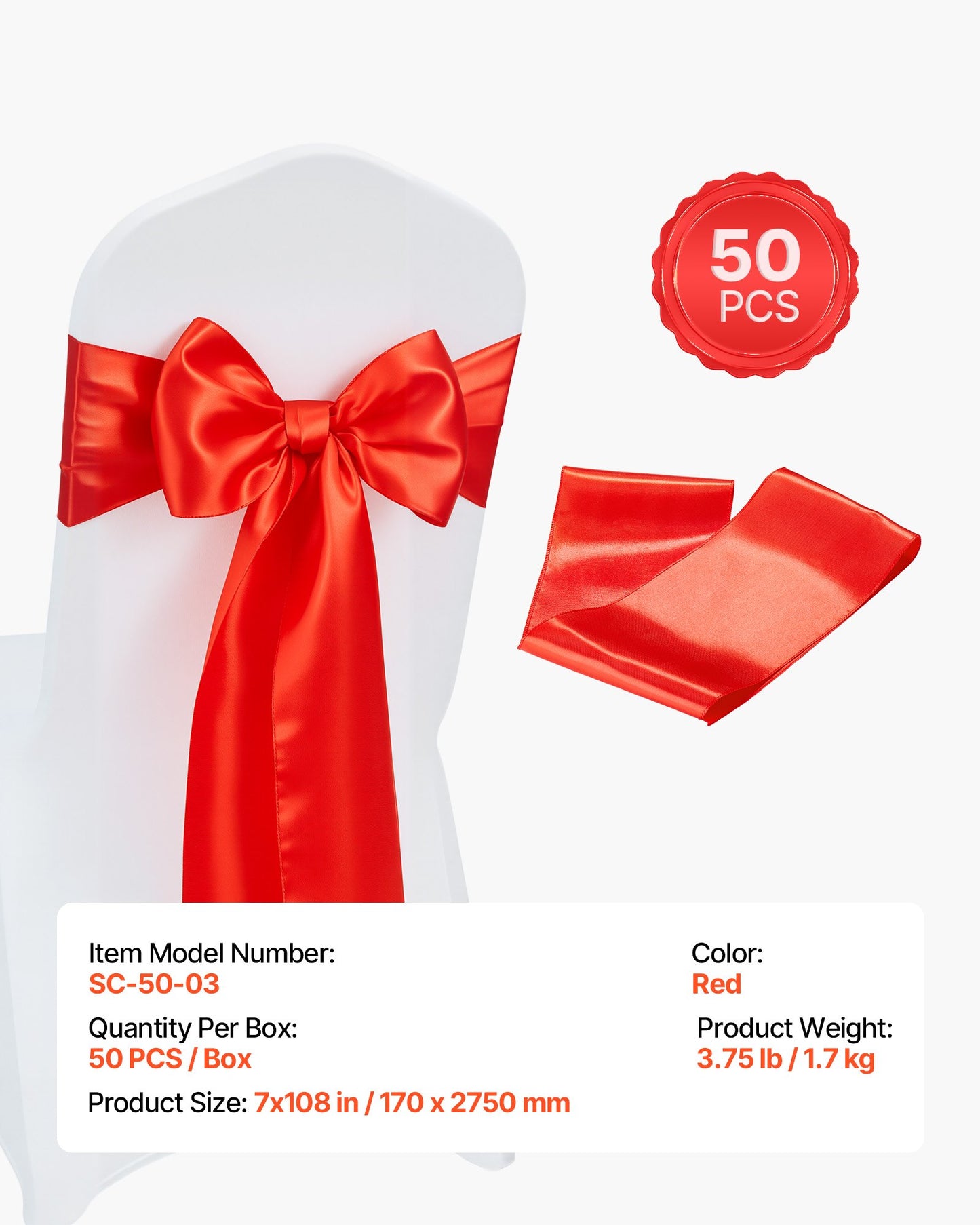 Satin-Stuhlschleifen, 50 Stück, 7 x 108 Zoll, Rot, für Hochzeitsfeiern, Babypartys, Bankette und andere festliche Anlässe.
