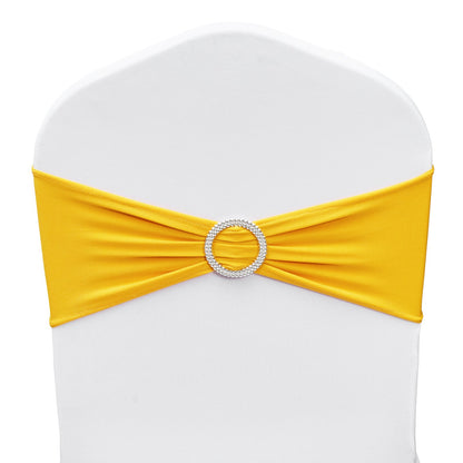 Stretch Spandex Chair Sashes, Chair Slipcover and Stretch Chair Sash with Round Buckle, Elastic Chair Bands, Fitting Wedding, Holiday, Banquet, Party Chair Decoration (100 PCS Golden Yellow)