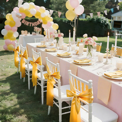 Satin-Stuhlschleifen, 50 Stück, 7 x 108 Zoll, Gold, für Hochzeitsfeiern, Babypartys, Bankette und andere festliche Anlässe.