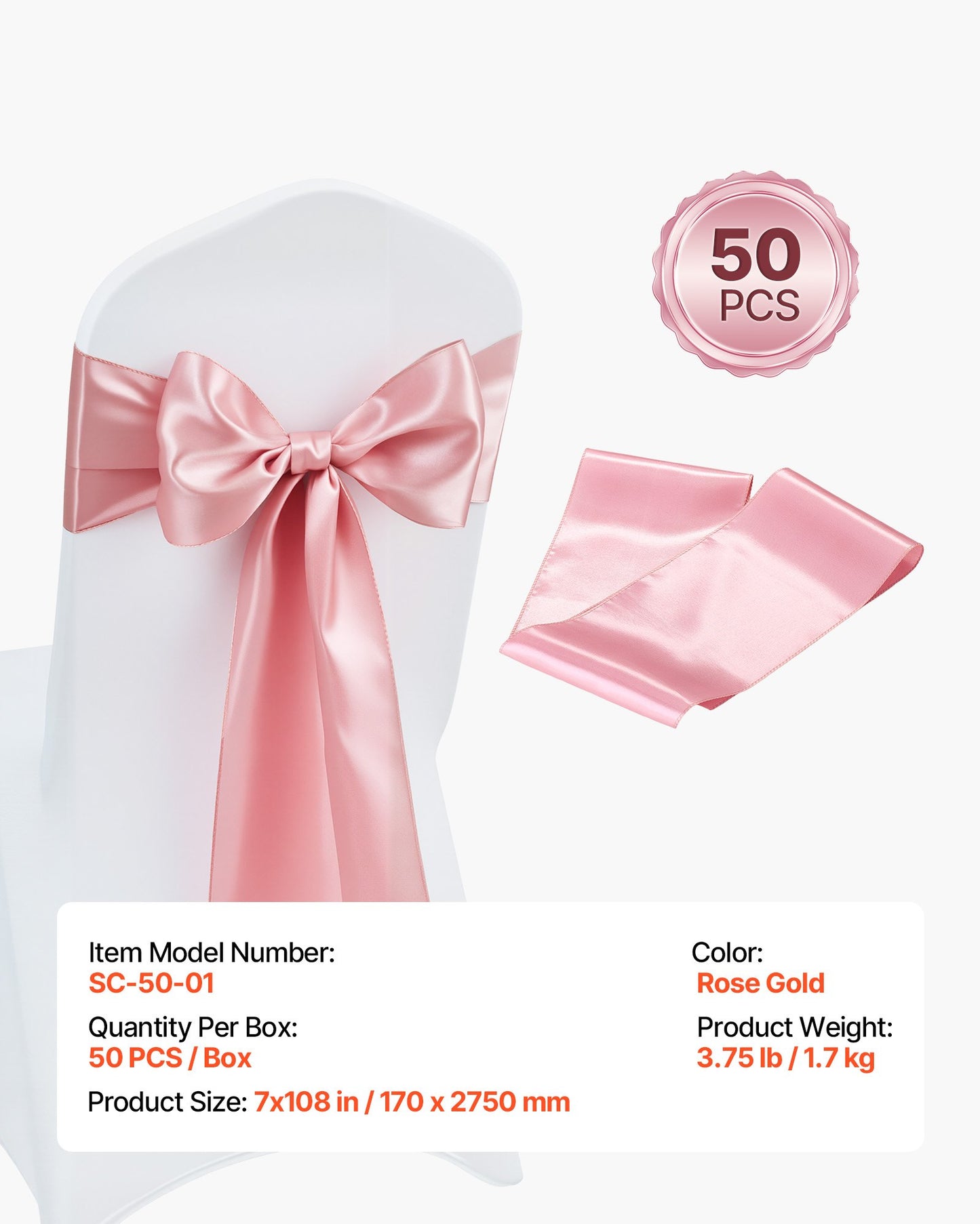 Satin-Stuhlschleifen, 50 Stück, 7 x 108 Zoll, Roségold, für Hochzeitsfeiern, Babypartys, Bankette und andere festliche Anlässe.