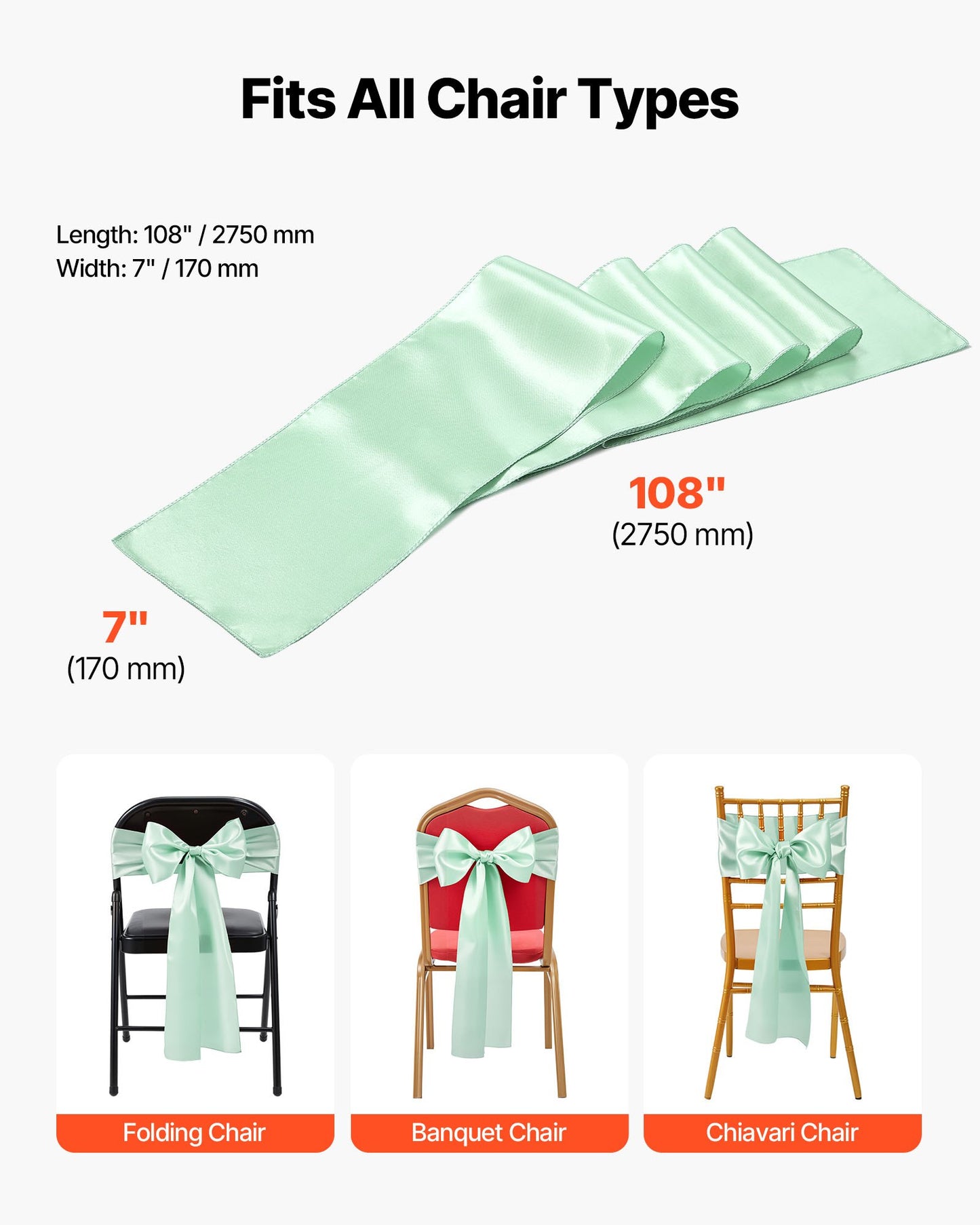 Satin Chair Sashes Bows, 100PCS Chair Ribbon Ties Back Sash, 7 x 108 inch, Light Green Wedding Reception Decoration, for Wedding Ceremony Baby Shower Party Events Banquet Chair Cover Decoration
