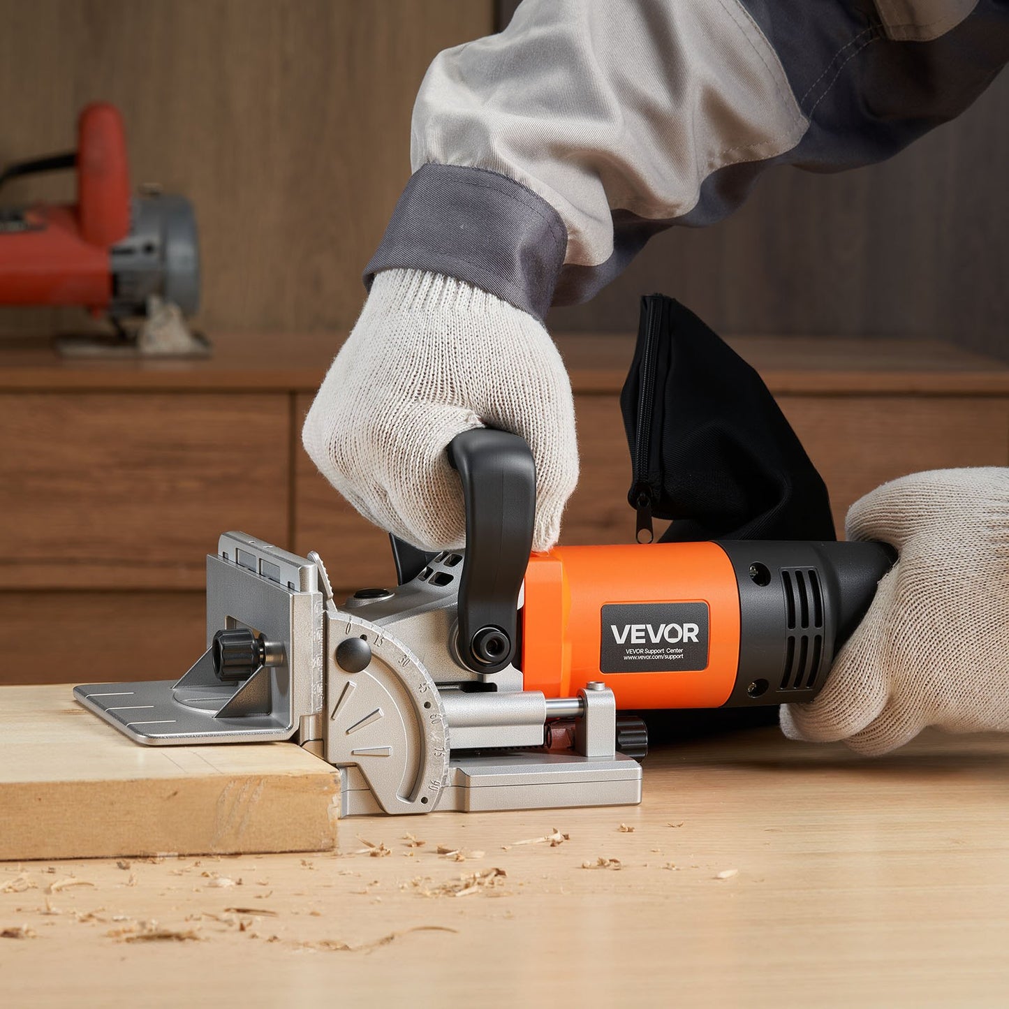 Lamellofräse, 5,9 A, Werkzeugset mit 11.600 U/min, 760 W Motor, 45°-Positioniernut, Hartmetall-Fräsklinge, Holzlamellen, Staubbeutel, einstellbarem Winkel und Tiefe, für die Holzbearbeitung