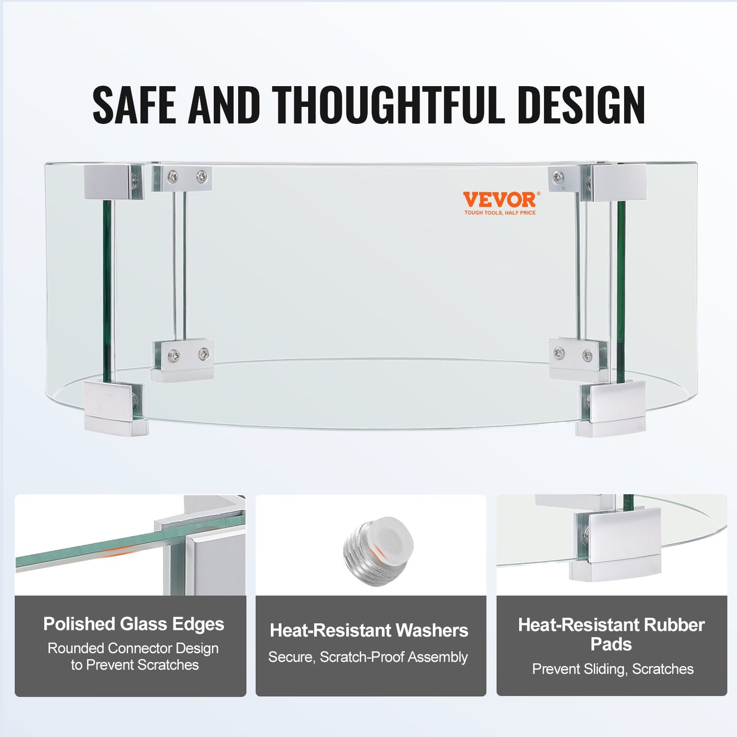 Windschutz für Feuerstelle, 66 x 66 x 15 cm großer Flammenschutz aus Glas, runder Glasschutz, 6 mm dicker Feuertisch, Flammenschutz aus klarem Sicherheitsglas, Füße aus Aluminiumlegierung für Propan, Gas, Außenbereich
