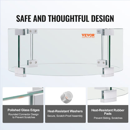 Windschutz für Feuerstelle, 66 x 66 x 15 cm großer Flammenschutz aus Glas, runder Glasschutz, 6 mm dicker Feuertisch, Flammenschutz aus klarem Sicherheitsglas, Füße aus Aluminiumlegierung für Propan, Gas, Außenbereich