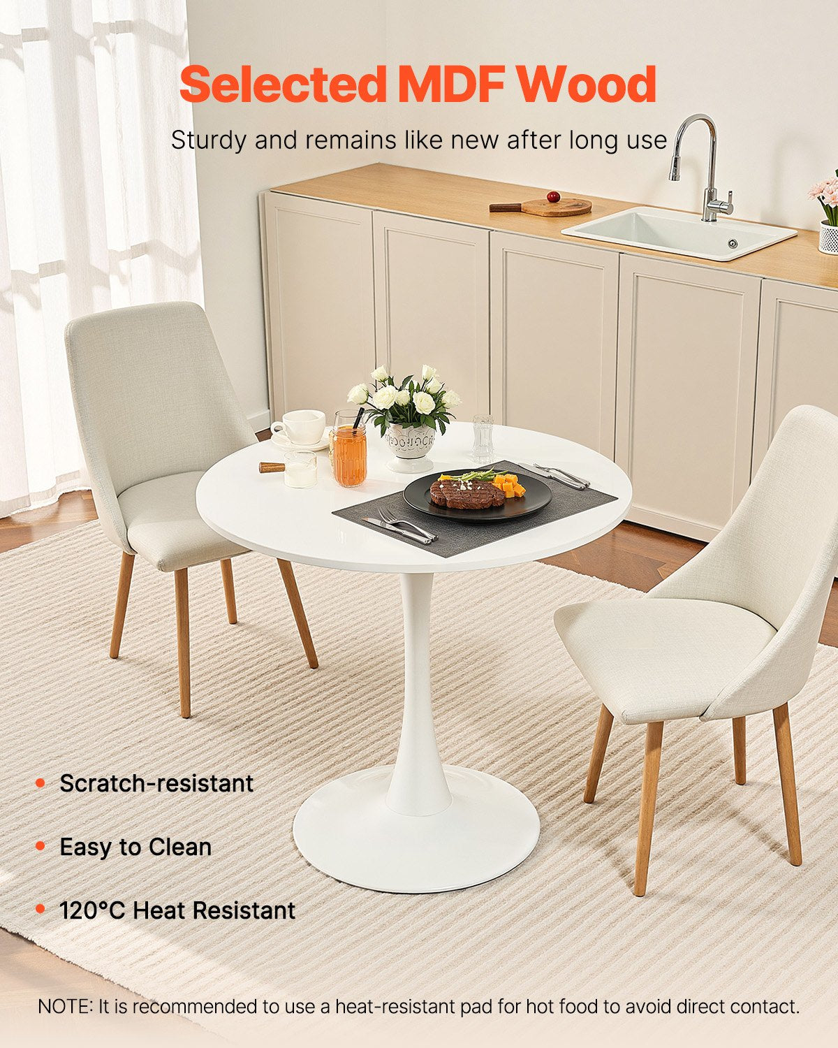 Round Dining Table, 31.5 in Wood Table for 2-4 Person, Modern Circle Furniture, Leisure Coffee Office Tables with Pedestal Base in Tulip Design, for Home Kitchen Living Room, White(Only Table)
