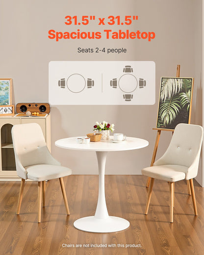 Round Dining Table, 31.5 in Wood Table for 2-4 Person, Modern Circle Furniture, Leisure Coffee Office Tables with Pedestal Base in Tulip Design, for Home Kitchen Living Room, White(Only Table)