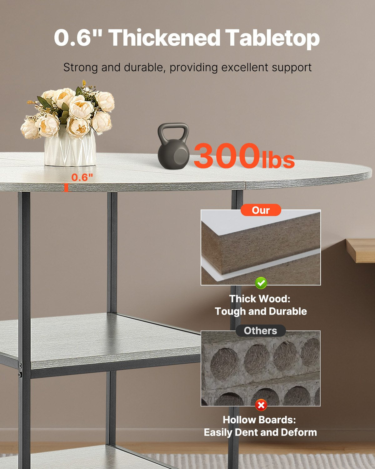 Runder Esstisch, 119 cm Durchmesser, Holztisch für 4-6 Personen, modernes rundes Esszimmermöbel, Freizeittisch mit Ablagefach und Metallbeinen, für Küche und Wohnzimmer, Grau (nur Tisch)