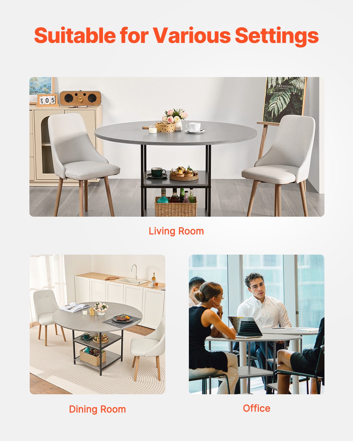 Runder Esstisch, 119 cm Durchmesser, Holztisch für 4-6 Personen, modernes rundes Esszimmermöbel, Freizeittisch mit Ablagefach und Metallbeinen, für Küche und Wohnzimmer, Grau (nur Tisch)