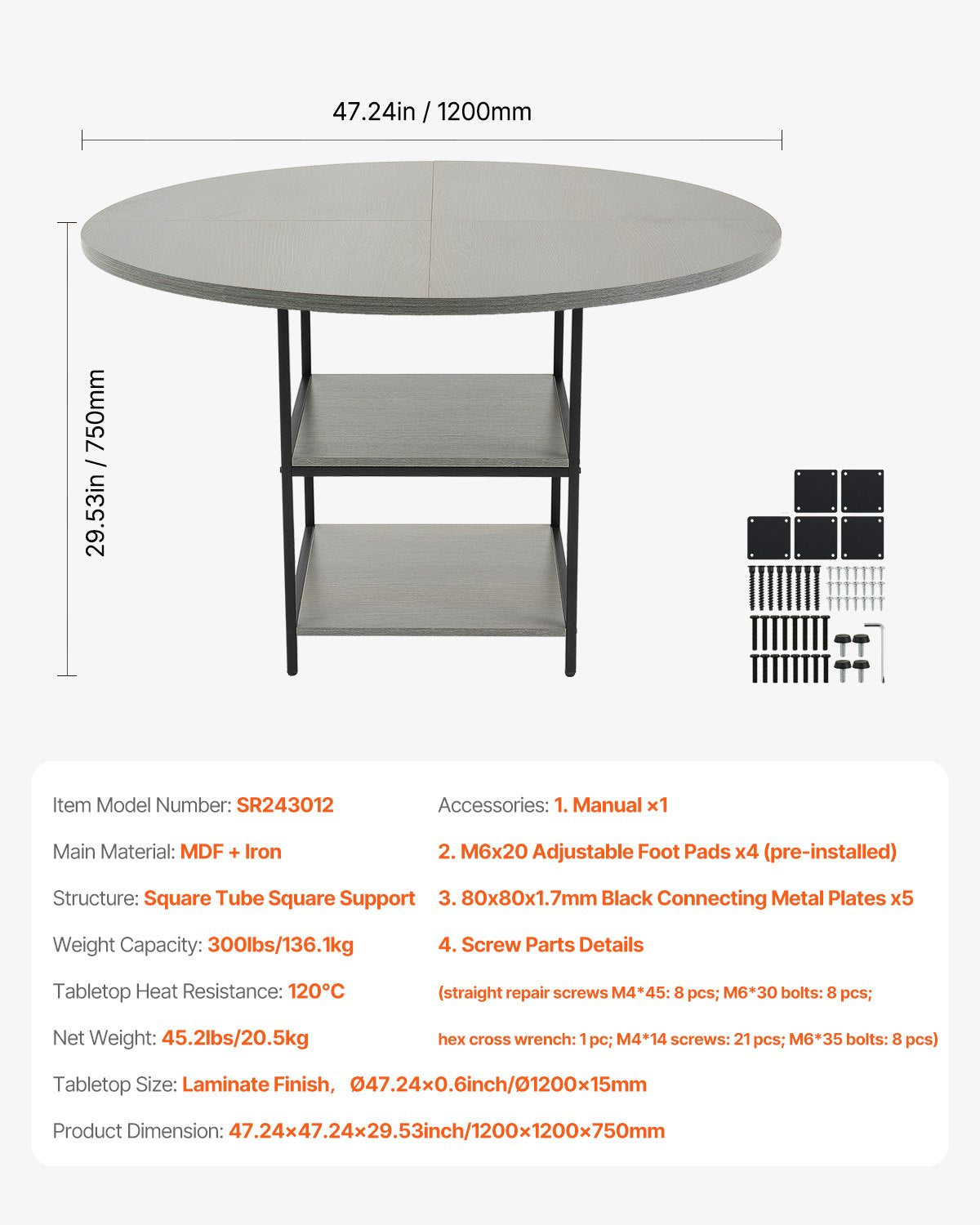 Runder Esstisch, 119 cm Durchmesser, Holztisch für 4-6 Personen, modernes rundes Esszimmermöbel, Freizeittisch mit Ablagefach und Metallbeinen, für Küche und Wohnzimmer, Grau (nur Tisch)