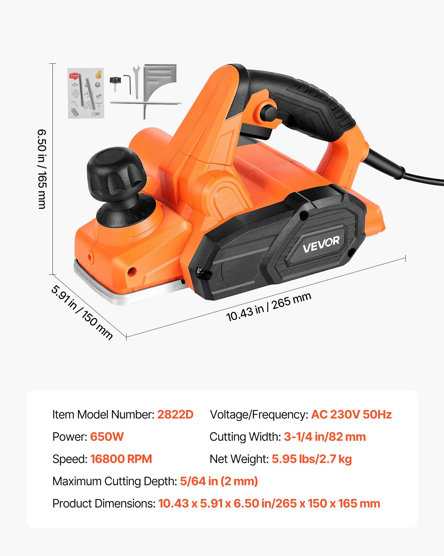 Electric Hand Planer, 82 mm Cut Width, 650W 16800 RPM Corded Power Handheld Planer for Wood, with Adjustable Cut Depth, 2 Blades, for Woodworking Wood Chamfer DIY Smooth Finish Carpentry Tool