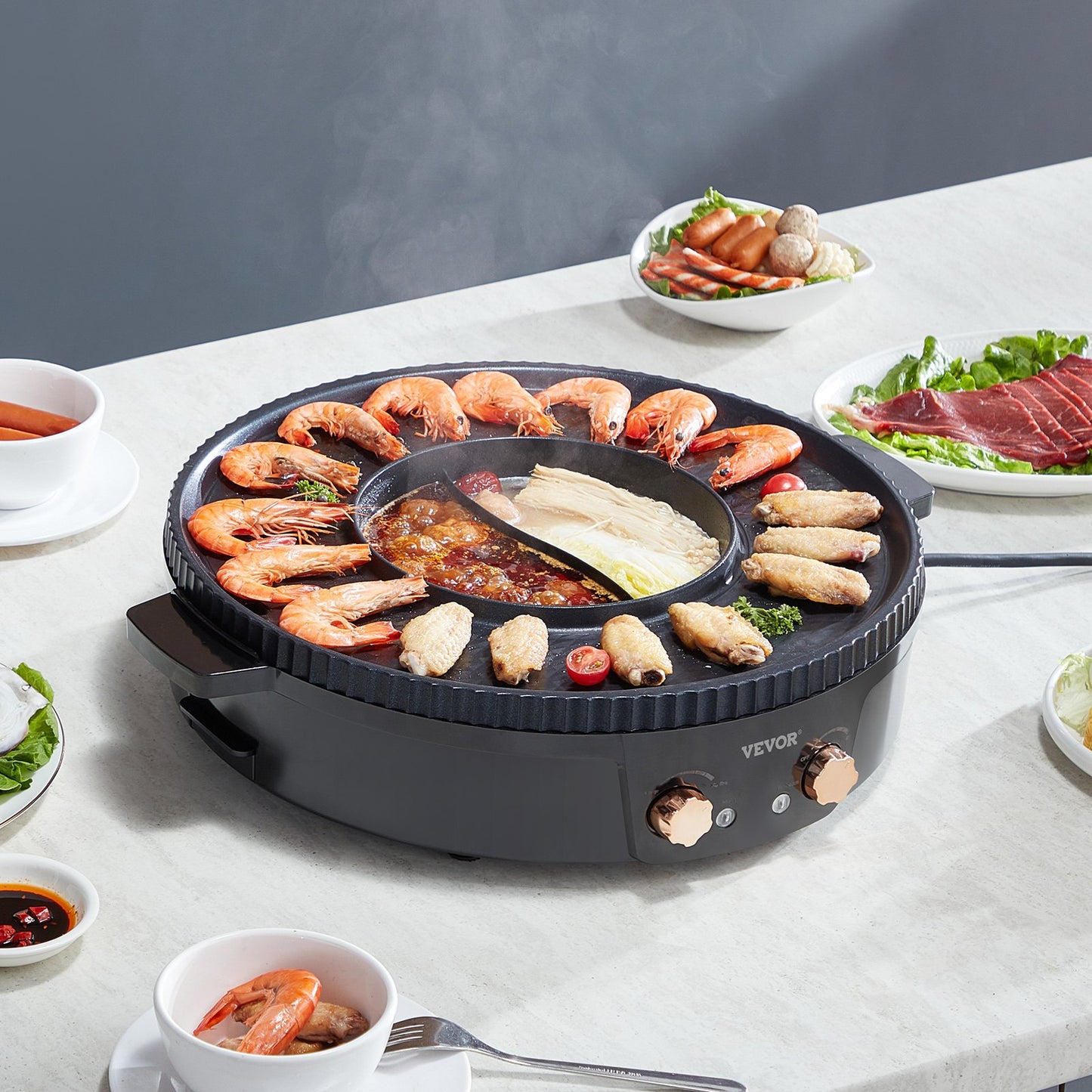 Hot Pot with Grill, 1800W 2-in-1 Electric Smokeless Grill and Hot Pot, Korean BBQ Shabu Shabu Hotpot with Separate Dual Temperature Control, Non-stick Pan, for 2-8 People Family Dining