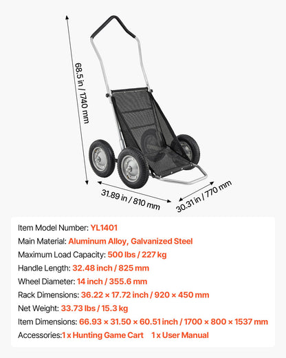 Game Carts for Hunting, 500LBS Deer Cart Game Hauler, Heavy-Duty Crawler Cart, All-Terrain Folding Deer Hauling Cart with Shock-Absorbing Tires, Utility Gear Dolly for Hunting Fishing Hiking