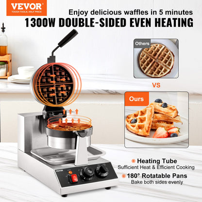 Commerical Round Waffle Maker 1300W Rotatable Non-Stick Waffle Iron 220V