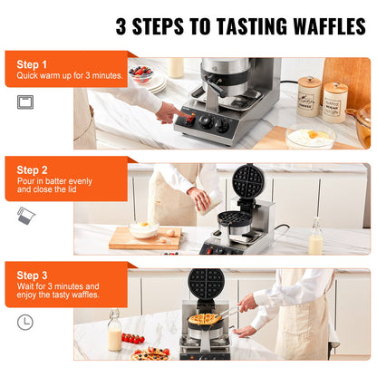 Commerical Round Waffle Maker 1300W Rotatable Non-Stick Waffle Iron 220V