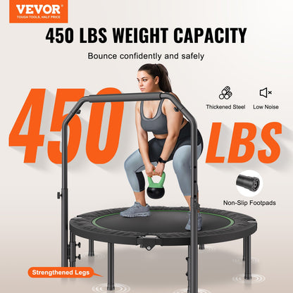 Foldable Mini Trampoline, 52 Inch Fitness Rebounder, Max Load 450lbs Exercise Trampoline, Stable & Quiet Trampoline with 4 Level Height Adjustable Foam Handle, for Adults Indoor/Garden Workout