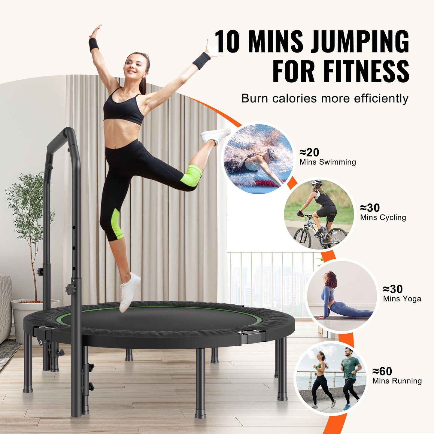 Foldable Mini Trampoline, 52 Inch Fitness Rebounder, Max Load 450lbs Exercise Trampoline, Stable & Quiet Trampoline with 4 Level Height Adjustable Foam Handle, for Adults Indoor/Garden Workout