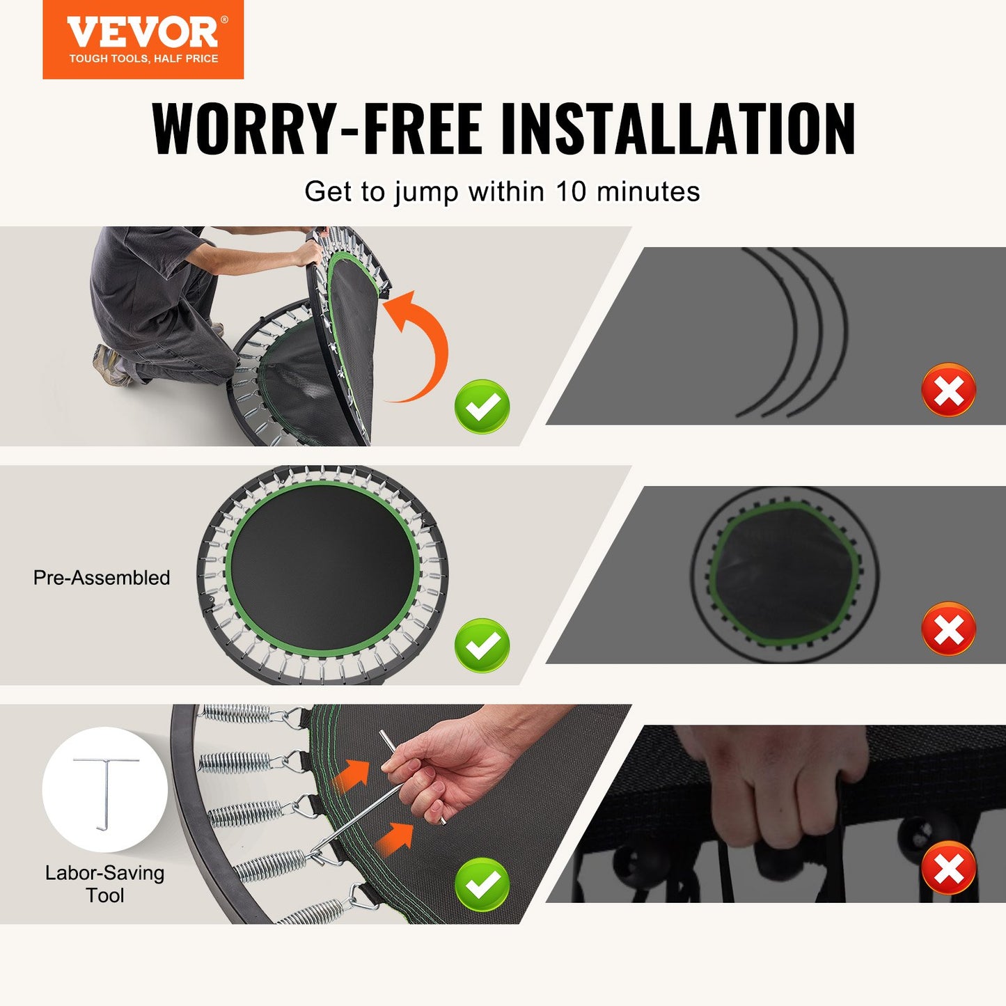 Foldable Mini Trampoline, 52 Inch Fitness Rebounder, Max Load 450lbs Exercise Trampoline, Stable & Quiet Trampoline with 4 Level Height Adjustable Foam Handle, for Adults Indoor/Garden Workout