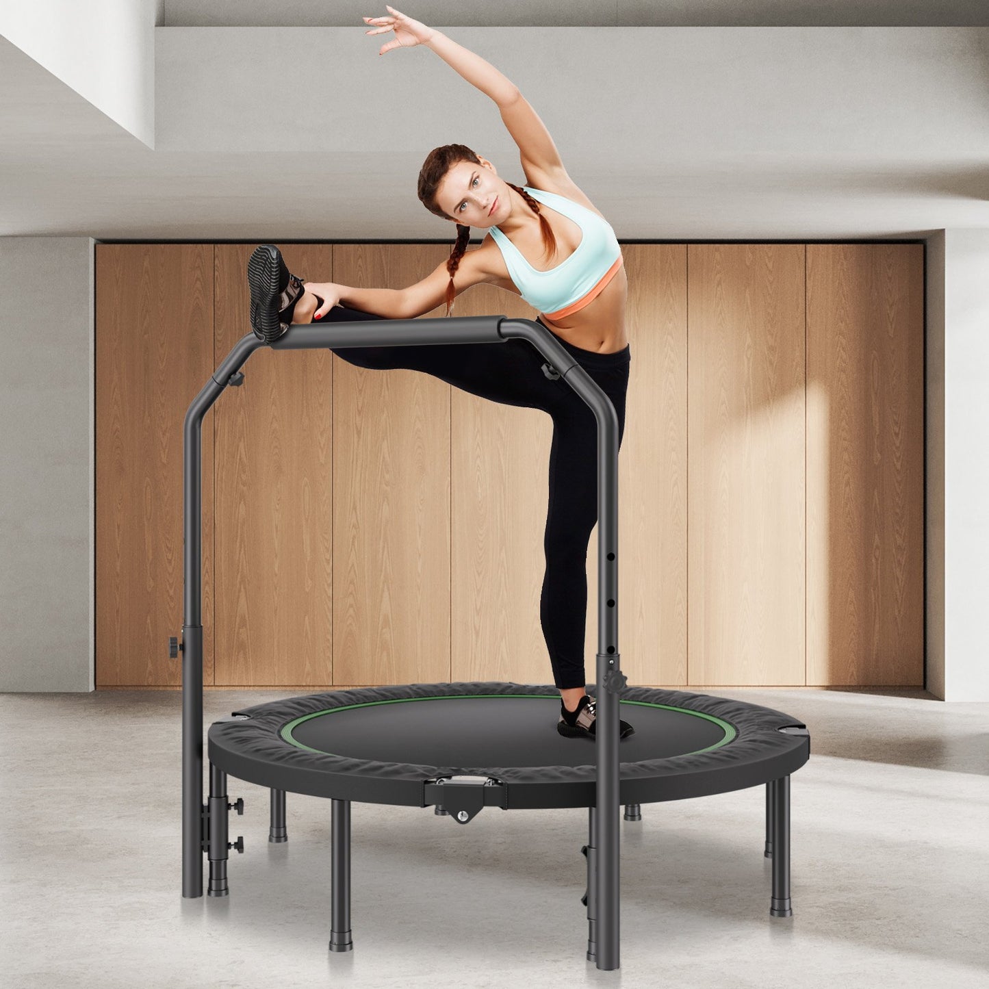 Foldable Mini Trampoline, 52 Inch Fitness Rebounder, Max Load 450lbs Exercise Trampoline, Stable & Quiet Trampoline with 4 Level Height Adjustable Foam Handle, for Adults Indoor/Garden Workout