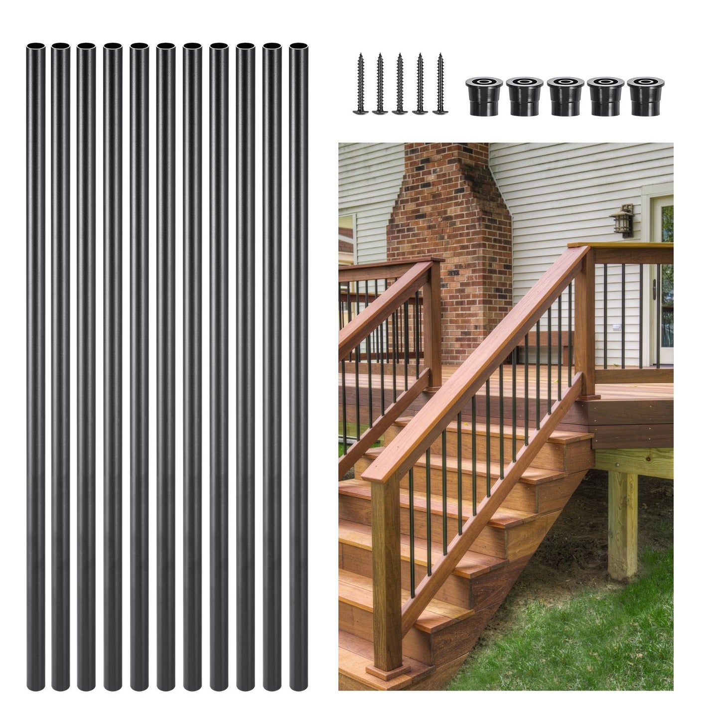 Treppengeländerstäbe, 101er-Pack, 66 cm lange Aluminium-Treppengeländerstäbe, 19 mm wasserdichte runde Metallspindeln, Hohlprofilgeländer mit Geländerkappen und Schrauben für Treppen, Veranden und Terrassen, mattschwarz
