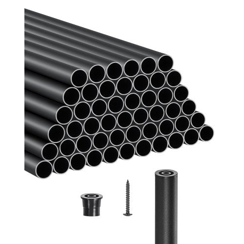 Treppengeländerstäbe, 51er-Pack, 66 cm lange Aluminium-Treppengeländerstäbe, 19 mm wasserdichte runde Metallspindelgeländer, Hohlprofilgeländer mit Geländerkappen und Schrauben für Treppen, Veranden, Terrassen und Zäune, Schwarz
