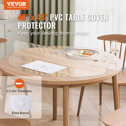 Plastic Table Cover, 48 x 48 Inch 2.0 mm Thick Clear Table Protector, Round PVC Desk Mat, Waterproof & Easy Cleaning Desk Pad Tablecloth, for Office Dresser Dining Room Table Night Stand