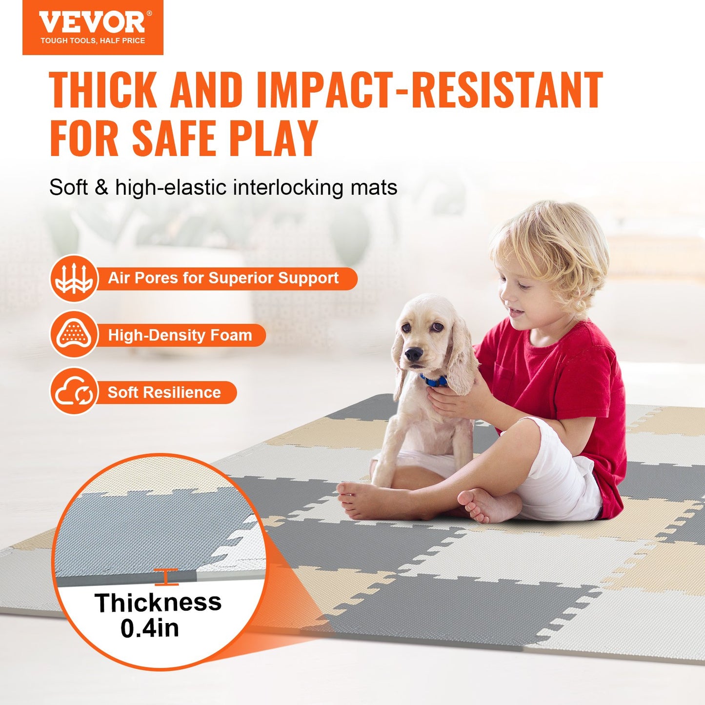 36 Tiles Kids Play Mat, 0.4 Inch Toddler Play Mat with EVA Foam, 12" x 12" Puzzle Play Mat with 36 sq.ft Coverage, Interlocking Toddler Mats for Play Room, Nursery, Living Room, Camel&Gray&Beige