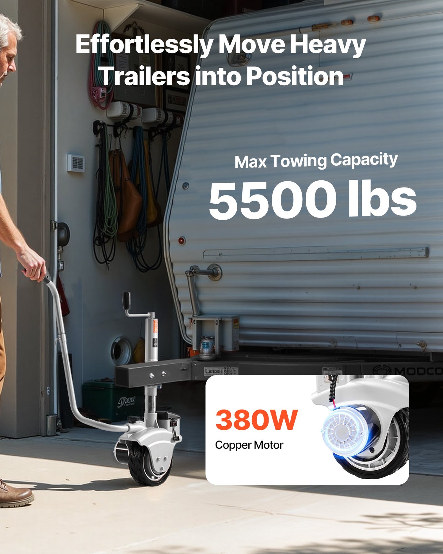Electric Trailer Dolly, 2.5 T Towing Capacity, 380W 12V Motorized Jockey Wheel with 7 m/min Moving Speed, 31-63 cm Adjustable Clamp Height & 20.3 cm Rubber Tire, For Moving Caravan Boat
