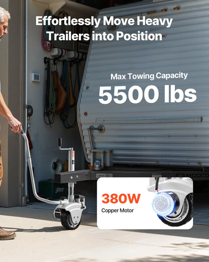 Electric Trailer Dolly, 2.5 T Towing Capacity, 380W 12V Motorized Jockey Wheel with 7 m/min Moving Speed, 31-63 cm Adjustable Clamp Height & 20.3 cm Rubber Tire, For Moving Caravan Boat