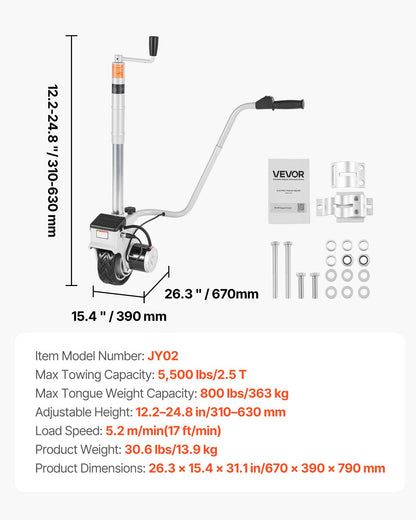 Electric Trailer Dolly, 2.5 T Towing Capacity, 380W 12V Motorized Jockey Wheel with 7 m/min Moving Speed, 31-63 cm Adjustable Clamp Height & 20.3 cm Rubber Tire, For Moving Caravan Boat