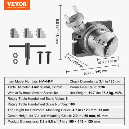 Rotary Table for Milling Machines, 100 mm, Horizontal Vertical Model Precision Milling Rotary Table, with 80 mm 3-Jaw Chuck M10 T-Bolts Nuts, for Milling Engineering Indexing Tools