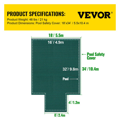 Sicherheitsabdeckung für eingelassene Pools (16 x 32 Fuß, rechteckig), inklusive 4 x 10 Fuß großer Mittelstufe, blickdichte Netzabdeckung mit Ablauflöchern, Winterabdeckung, grün