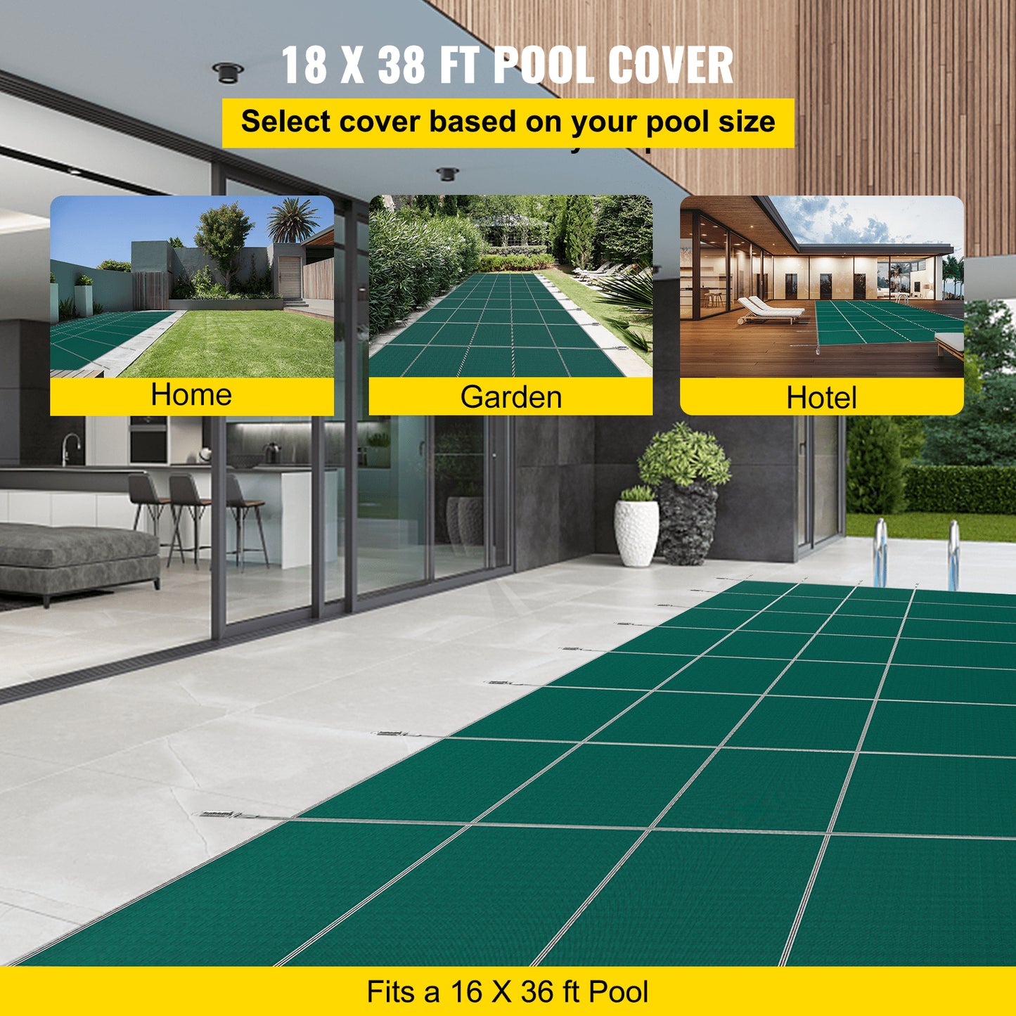 Pool Safety Cover 18x38ft, Inground Pool Cover fit for 16x36 ft Pool, Rectangle Inground Safety Pool Cover Green Mesh Solid Pool Safety Cover for Swimming Pool Winter Safety Cover