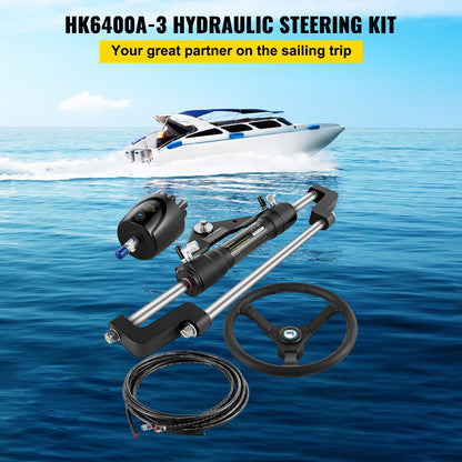 Hydraulic Boat Steering Kit, 300HP Hydraulic Steering Helm Pump, Aluminum Alloy Steering Cylinder, 13.5\" Steering Wheel with 10\" Hydraulic Steering Hose for Boat Steering System