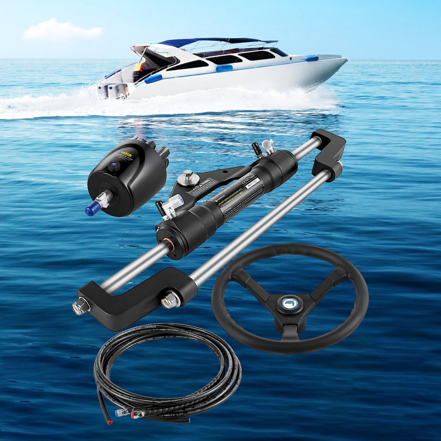 Hydraulic Outboard Steering Kit 300HP, Hydraulic Steering Kit Helm Pump,Hydraulic Boat Steering Kit with 22 Feet Hydraulic Steering Hose for Boat Steering System