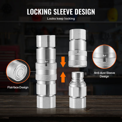 1/2" Flachkupplungen für Hydraulik, 3/4" SAE Schnellkupplungen für Kompaktlader mit 2 Staubkappen (ISO16028)
