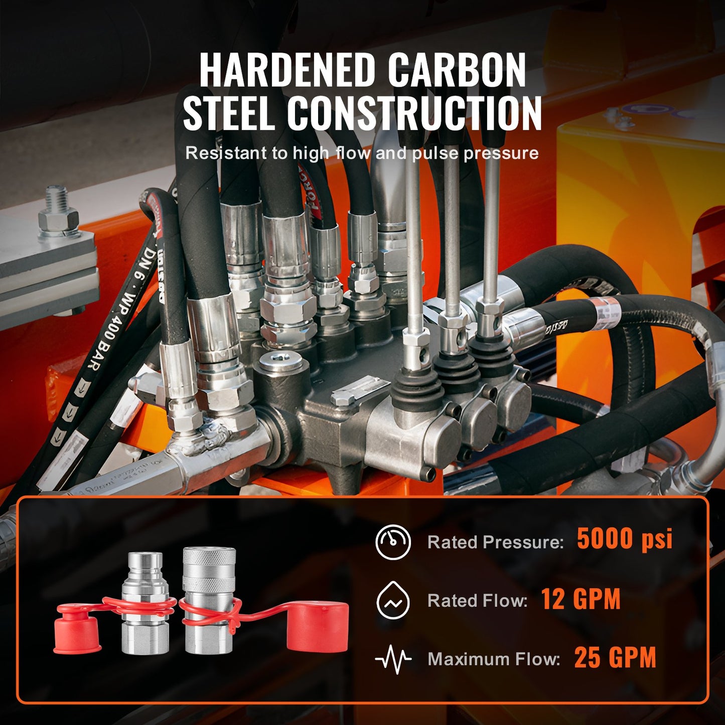 1/2" Flachkupplungen für Hydraulik, 3/4" SAE Schnellkupplungen für Kompaktlader mit 2 Staubkappen (ISO16028)