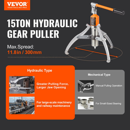Hydraulic Gear Puller, 15 Ton Max Capacity Wheel Bearing Pulling Separator, 2 or 3 Jaws Puller, Vertically and Horizontally, 30.5cm Jaw Hydraulic Puller with Case for Pulling Hubs