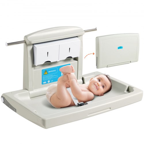 Wall-Mounted Baby Changing Station, Horizontal Foldable Diaper Change Table with Safety Straps and Hanging Rods, Use in Commercial Bathrooms, Daycare Centers for Newborns & Infant