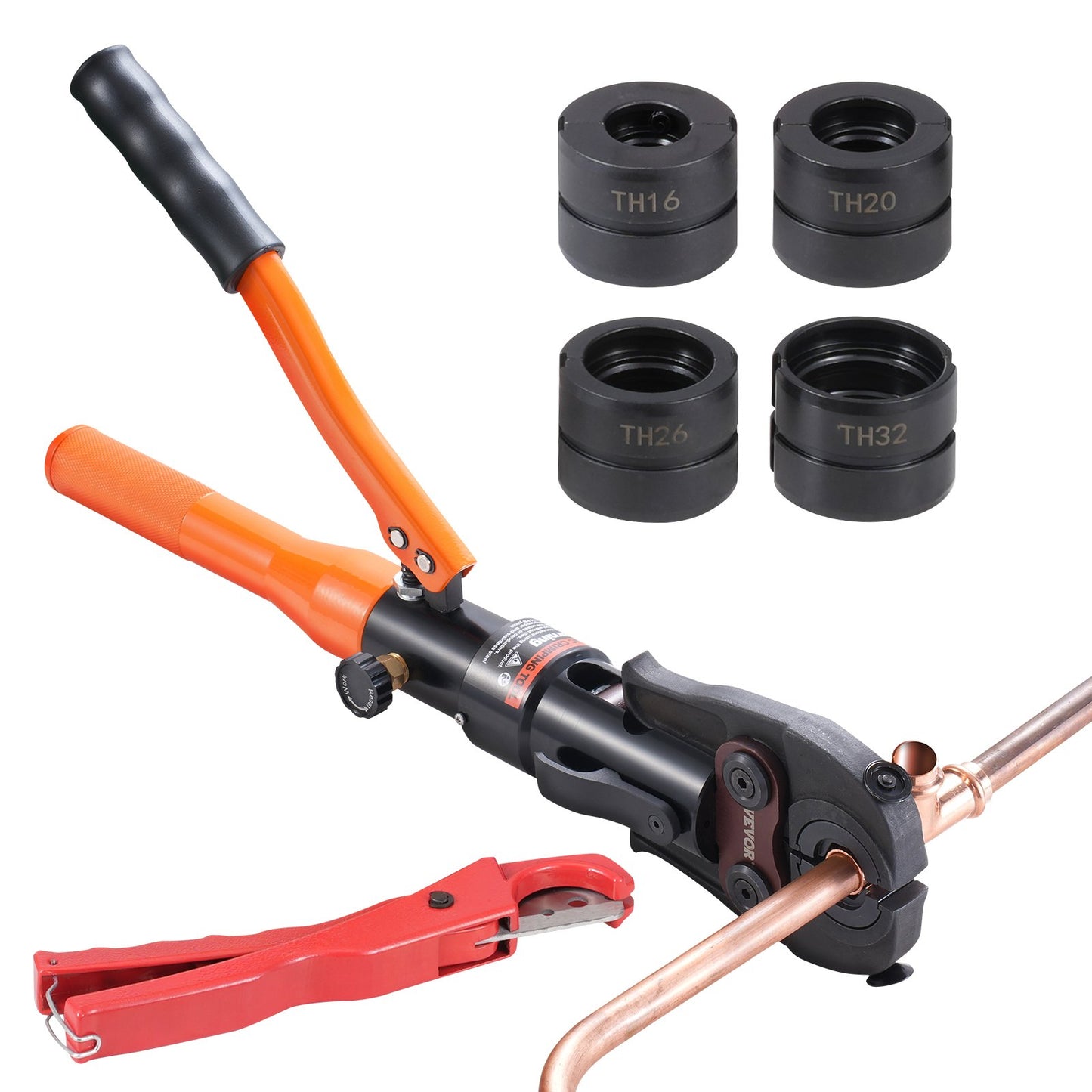 Copper Tube Fittings Hydraulic Pipe Crimping Tool, Pressing Plier with TH16, TH20, TH26, TH32 Quick Change Jaws, 360° Rotatable Press Kit for Confined Spaces Tee Fittings Hydraulically Driven
