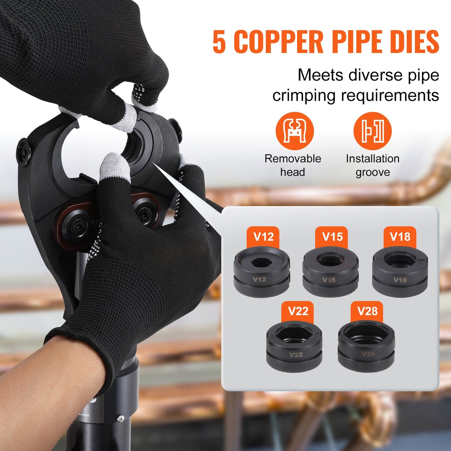 Copper Tube Fittings Hydraulic Pipe Crimping Tool, Pressing Plier with V12, V15, V18, V22, V28 Quick Change Jaws, 360° Rotatable Press Kit for Confined Spaces Tee Fittings Hydraulically Driven