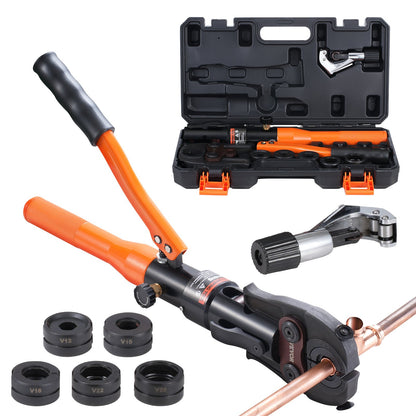 Copper Tube Fittings Hydraulic Pipe Crimping Tool, Pressing Plier with V12, V15, V18, V22, V28 Quick Change Jaws, 360° Rotatable Press Kit for Confined Spaces Tee Fittings Hydraulically Driven